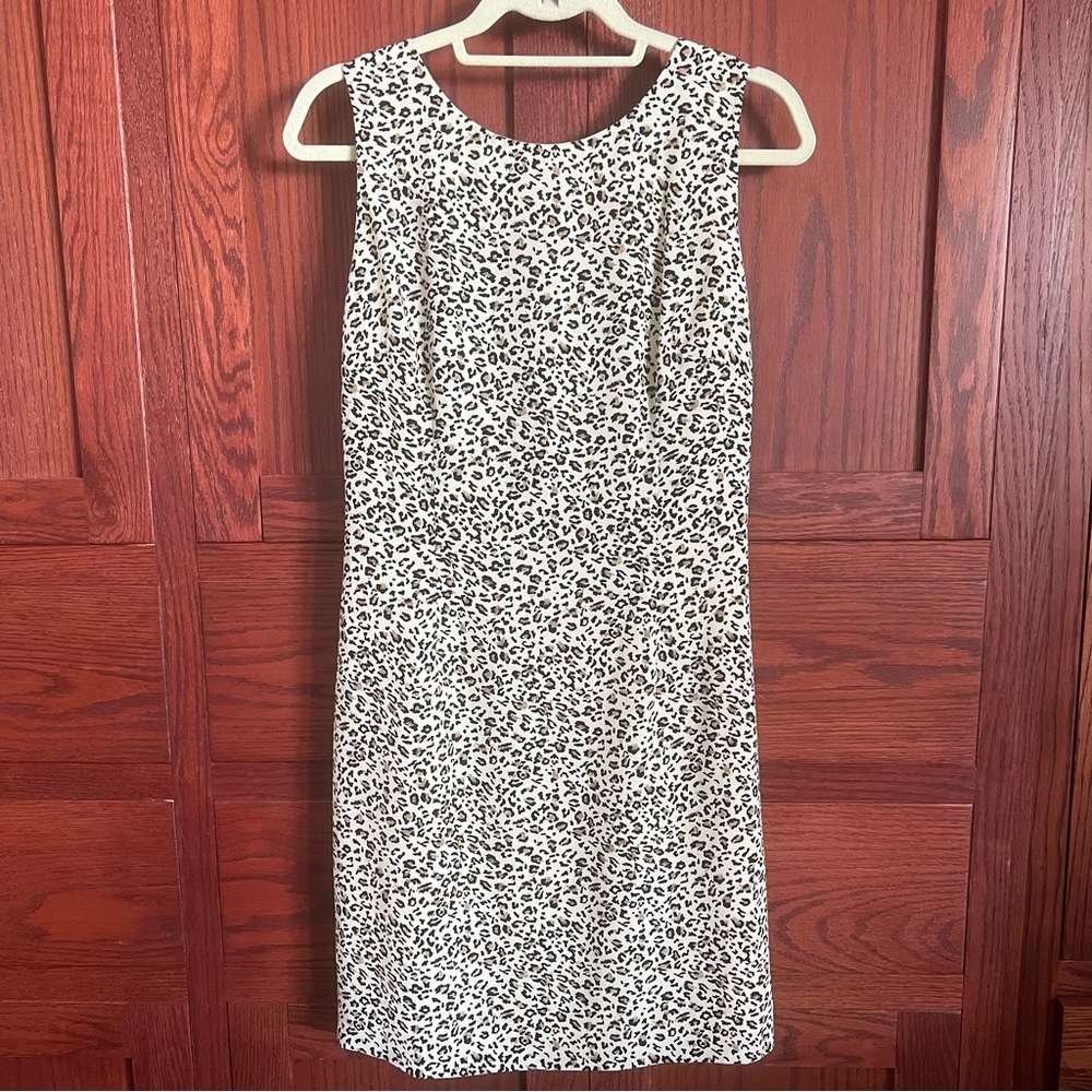 Maggy London 100% Silk Leopard Print High Neck Open Bow Back Sheath Dress 10